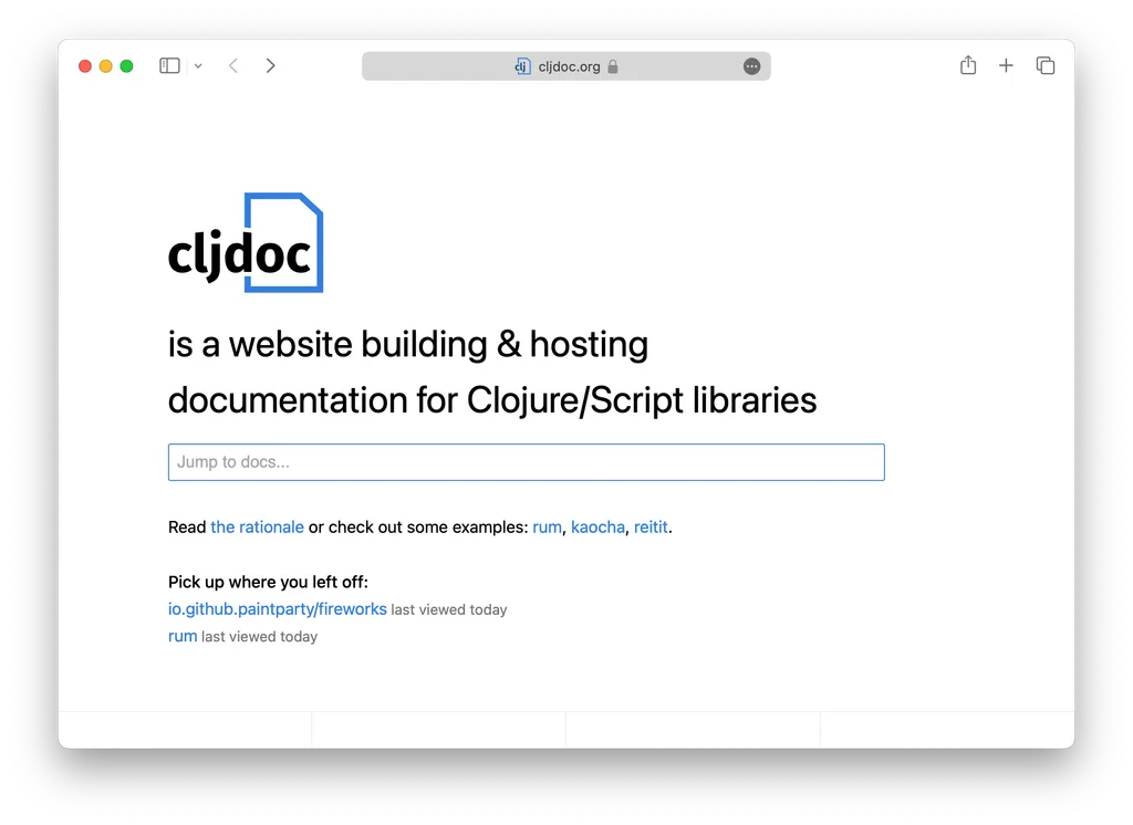 A library's documentation page on cljdoc
